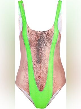 Novelty Gag Borat Inspired Women’s One Piece Swim Suit Fake BodyHair Large 8/10